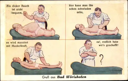 Künstler Ak Bad Wörishofen im Unterallgäu, Ein dicker Bauch ist nicht bequem, Masseur, Kurwesen