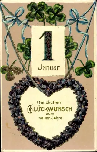 Ak Glückwunsch Neujahr, Kalender, Veilchen, Glücksklee