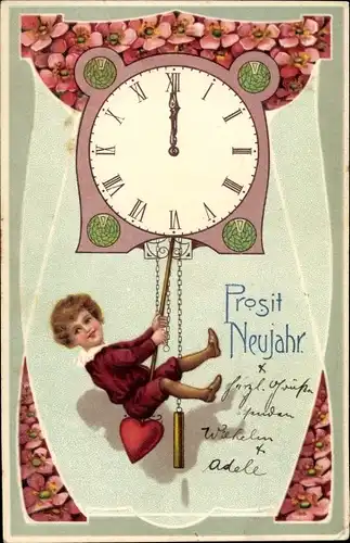 Ak Glückwunsch Neujahr, Junge hängt am Pendel einer Uhr, Blüten