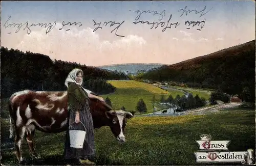 Ak Gruß aus Westfalen, Bäuerin mit Kuh, Landschaft