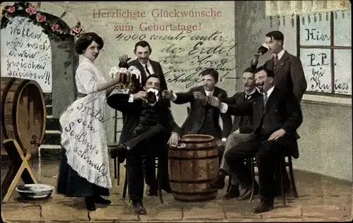 Ak Glückwunsch Geburtstag, Männer mit Biergläsern im Gasthaus, Kellnerin