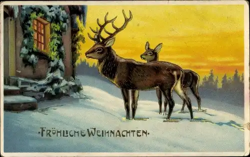 Präge Ak Frohe Weihnachten, Hirsche vor einem Haus, Winterlandschaft