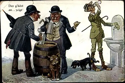 Künstler Ak Schlemo, E., Der g'hört anzeigt, Zwei Männer mit Bierkrügen, Wassertrinker, Dackel