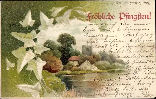 Künstler Ak Glückwunsch Pfingsten, Landschaftsmotiv, Efeublätter