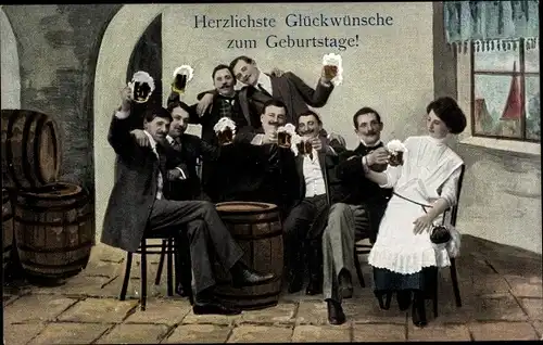 Ak Glückwunsch Geburtstag, Männer mit Biergläsern im Gasthaus, Kellnerin