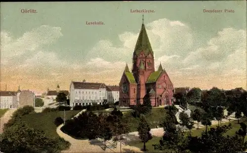 Ak Görlitz in der Lausitz, Lesehalle, Lutherkirche, Dresdener Platz