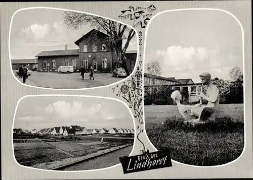 Ak Lindhorst im Kreis Schaumburg, Bahnhof, Straßenseite, Wohnsiedlung, Skulptur