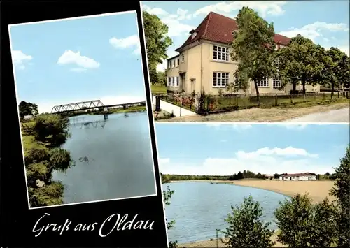 Ak Oldau Hambühren in Niedersachsen, Wasserpartien, Eisenbahnbrücke, Haus mit Garten