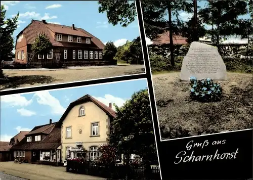 Ak Scharnhorst Eschede in der Lüneburger Heide, Gedenkstein, Gasthaus zur Post