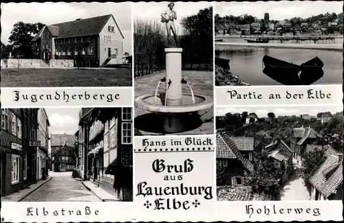 Ak Lauenburg an der Elbe, Hans im Glück Brunnen, Hohlerweg, Elbstraße, Jugendherberge