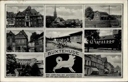 Ak Buxtehude in Niedersachsen, Bahnhof, Kurhotel Waldburg, Breitestraße, Rathaus, Badeanstalt