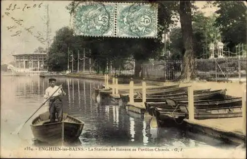 Ak Enghien les Bains Val d’Oise, La Station des Bateaux au Pavillon Chinois, Ruderboote