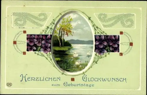 Ak Glückwunsch Geburtstag, Veilchen, Schwäne im Teich