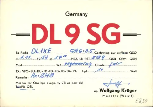 Ak QSL Karte, Funkerkarte, DL9SG, Wolfgang Krüger Münster, zu DL1KE