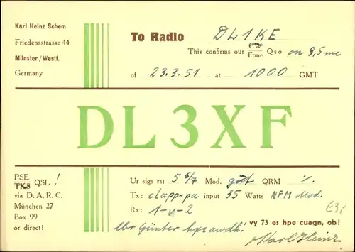 Ak QSL Karte, Funkerkarte, DL3XF, Karl Heinz Schem Münster, zu DL1KE