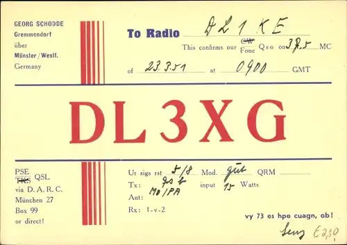 Ak QSL Karte, Funkerkarte, DL3XG, Georg Schodde Gremmendorf, zu DL1KE