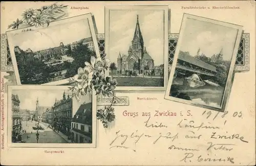 Ak Zwickau in Sachsen, Albertplatz, Paradiesbrücke, Ebertschlösschen, Moritzkirche, Hauptmarkt