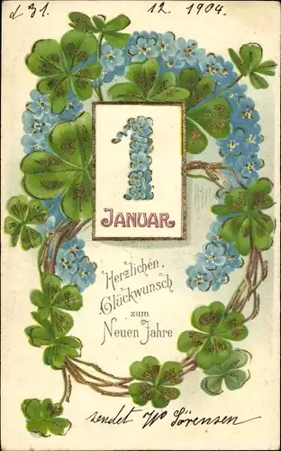 Präge Ak Glückwunsch Neujahr, Kalender, Vergissmeinnicht, Glücksklee
