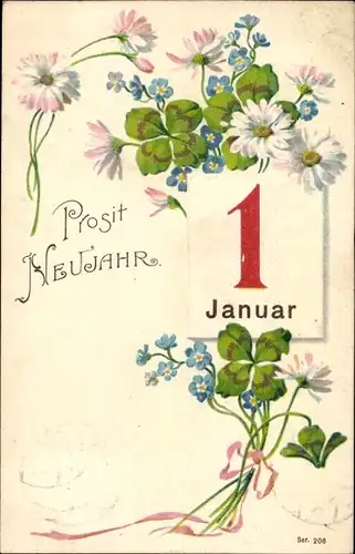Präge Ak Glückwunsch Neujahr, Kalender, Blumen und Glücksklee