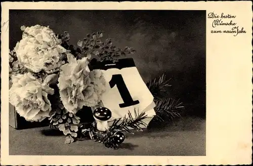 Ak Glückwunsch Neujahr, Kalender, Fliegenpilz, Nelken