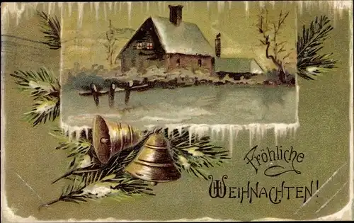 Winter Litho Glückwunsch Weihnachten, Glocken, schneebedecktes Haus
