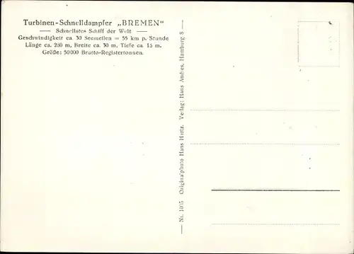 Ak Turbinenschnelldampfer Bremen, Norddeutscher Lloyd