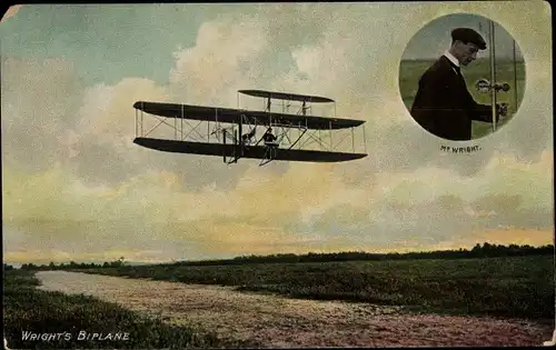 Ak Wright's Biplane, Wilbur Wright, Portrait, Doppeldecker