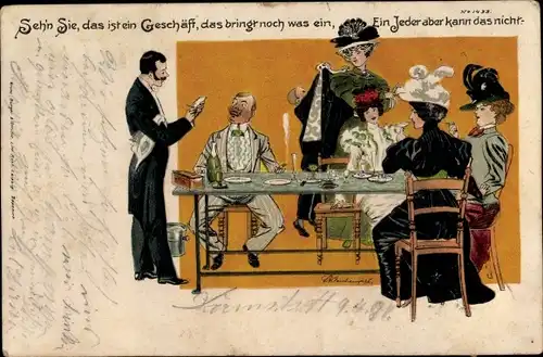 Künstler Litho Seh'n Sie das ist ein Geschäft das bringt noch was ein, Kellner, Mann, Damen