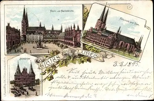 Vorläufer Litho Lübeck in Schleswig Holstein, Museum, Dom, Markt, Marienkirche, Holstentor, 1895