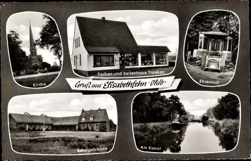 Ak Elisabethfehn Barßel in Niedersachsen, Kirche, Farben u Seifenhaus Traskaz, Ehrenmal, Schule