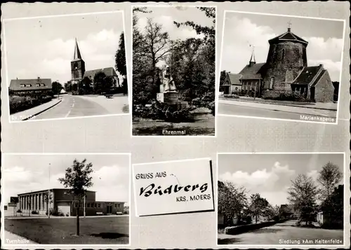 Ak Budberg Rheinberg am Niederrhein, Evangelische Kirche, Ehrenmal, Marienkapelle, Turnhalle