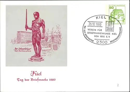 Künstler Ak Hansestadt Kiel, Der Schwertträger Rathausplatz, Tag der Briefmarke 1980