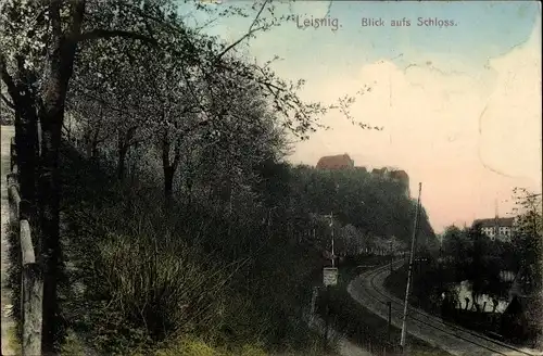 Ak Leisnig in Sachsen, Blick auf Schloss, Eisenbahnstrecke