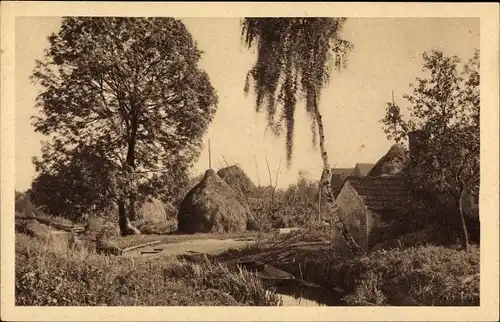 Ak Leipe Lübbenau im Spreewald, Landschaft mit Heuhaufen, Spreewaldkahn