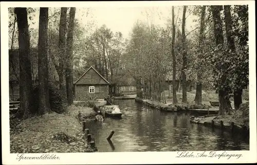 Ak Lehde Lübbenau im Spreewald, am Dorfeingang, Flusspartie