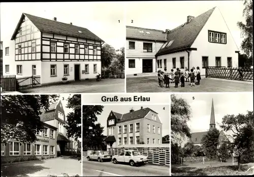 Ak Erlau in Sachsen, Rat der Gemeinde, Kindergarten, Polytechnische Oberschule, Kirche