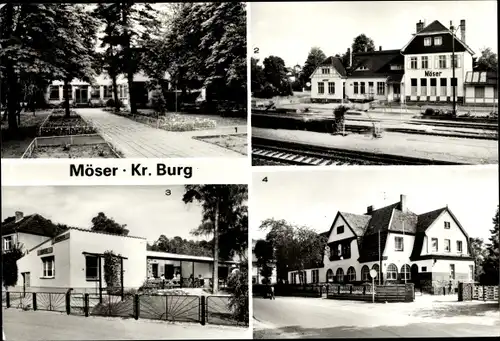 Ak Möser Jerichower Land, Waldhotel Tannengrund, Bahnhof, Eiscafe Birkeneck, FDGB Schulungshaus