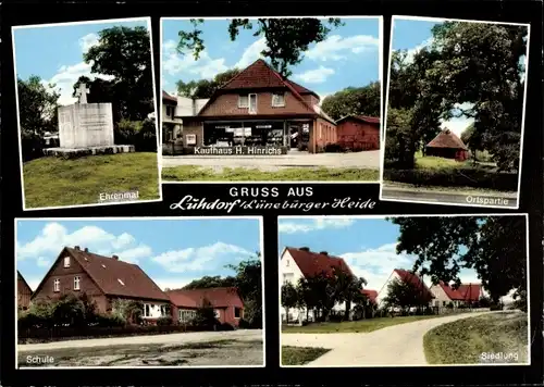 Ak Luhdorf Winsen an der Luhe, Ehrenmal, Kaufhaus von H. Heinrichs, Schule, Siedlung