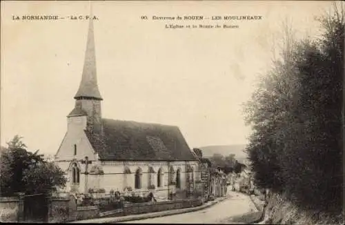 Ak Moulienaux Seine Maritime, L'Eglise et la Route de Rouen