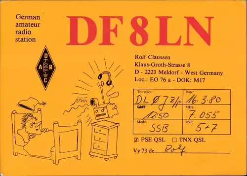 Ak QSL Karte, Funkerkarte, DF8LN, Rolf Claussen Meldorf, zu DL0JZ