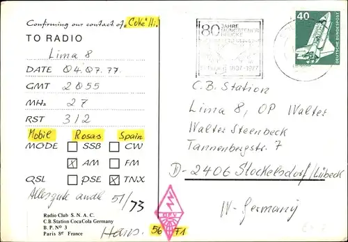 Ak QSL Karte, Funkerkarte, DK Firesteel, Hans Faust Solingen, zu Lima 8