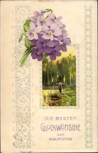 Passepartout Ak Glückwunsch Geburtstag, Veilchenstrauß, Landschaft