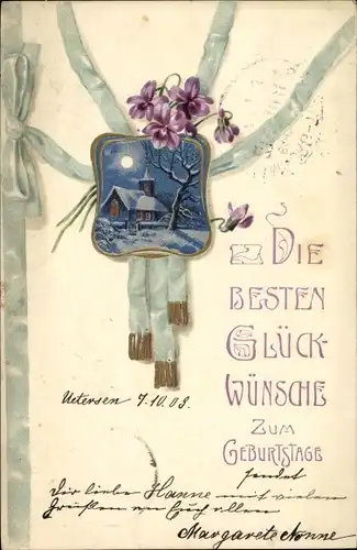 Präge Ak Glückwunsch Geburtstag, Dorfpartie, Veilchen, Schleife