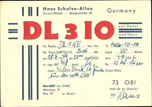 Ak QSL Karte, Funkerkarte DL3IO, Hans Schulze Allen, Soest in Westfalen