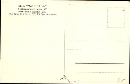 Ak Dampfschiff MS Monte Olivia, HSDG