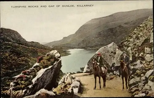 Ak Killarney Irland, Gap of Dunloe, Turnpike Rocks, Reiter