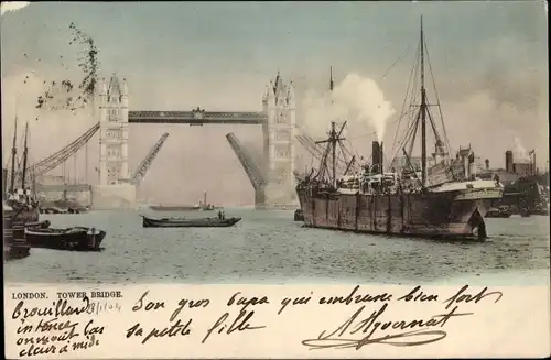 Ak London City England, Tower Bridge, Schiffsdurchfahrt