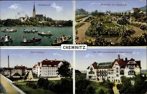 Ak Chemnitz in Sachsen, Schlossteich, Rosarium, Stadtpark, Krankenhaus, Zimmermansches Sanatorium