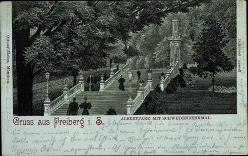 Litho Freiberg in Sachsen, Albertpark mit Schwedendenkmal