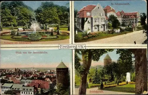 Ak Freiberg in Sachsen, Anlagen im Albertpark, Sankt Johannisstift, Schlossplatz